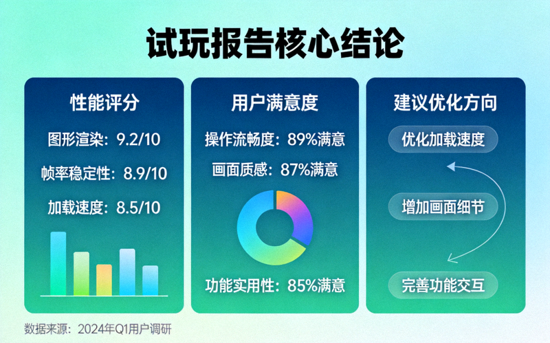本试玩报告核心结论信息图，汇总了性能评分、用户满意度及建议优化方向