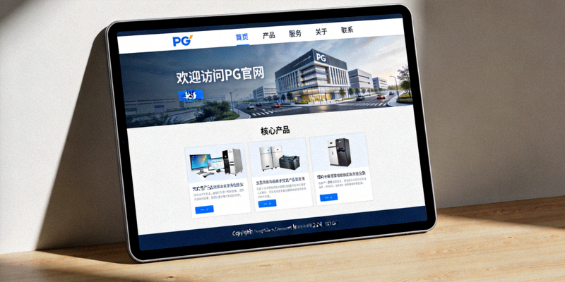 电脑浏览器打开PG官网首页的截图，展示清晰的导航栏和内容布局