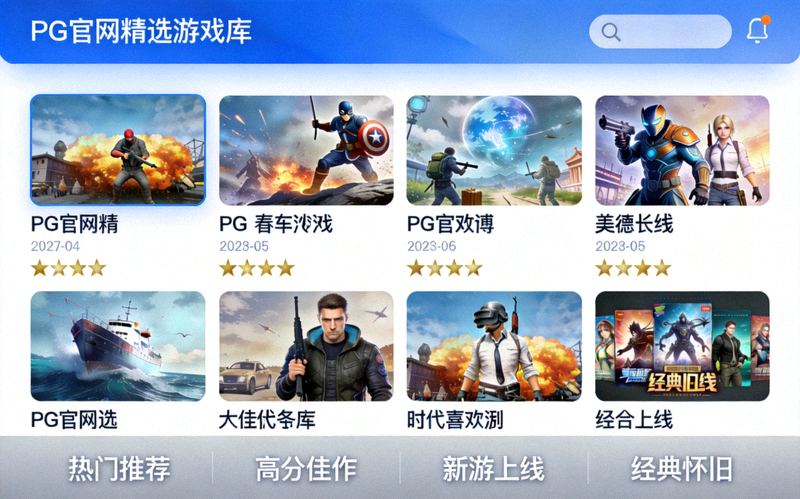 PG官网精选游戏库的界面展示，突出品质筛选标签