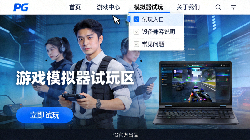 PG官网首页导航至模拟器试玩区的界面截图