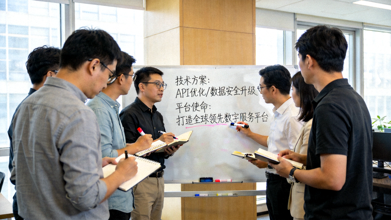 PG官网团队讨论技术方案与平台使命的白板会议照片