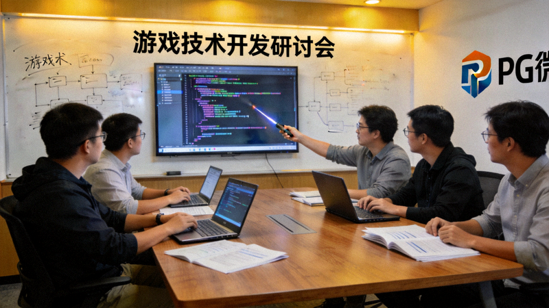 PG官网团队在会议室讨论游戏技术开发的场景