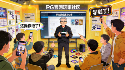PG官网玩家社区中，资深玩家分享硬核游戏通关心得的热闹场景