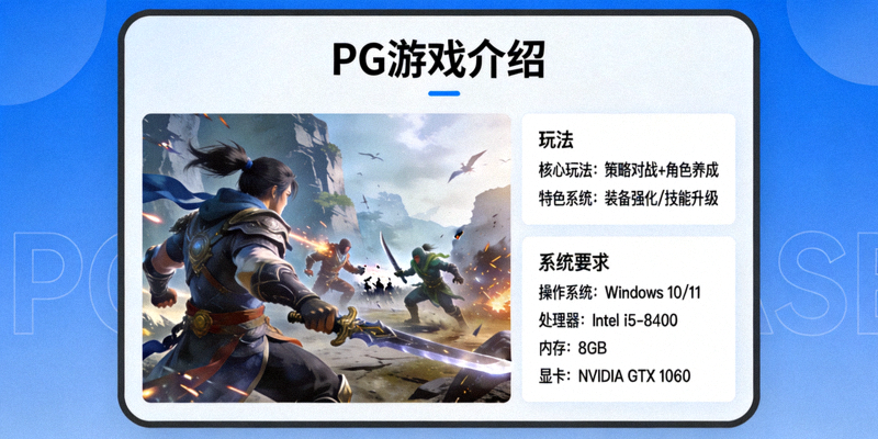 PG官网游戏介绍页面的截图，展示游戏画面、玩法描述和系统要求