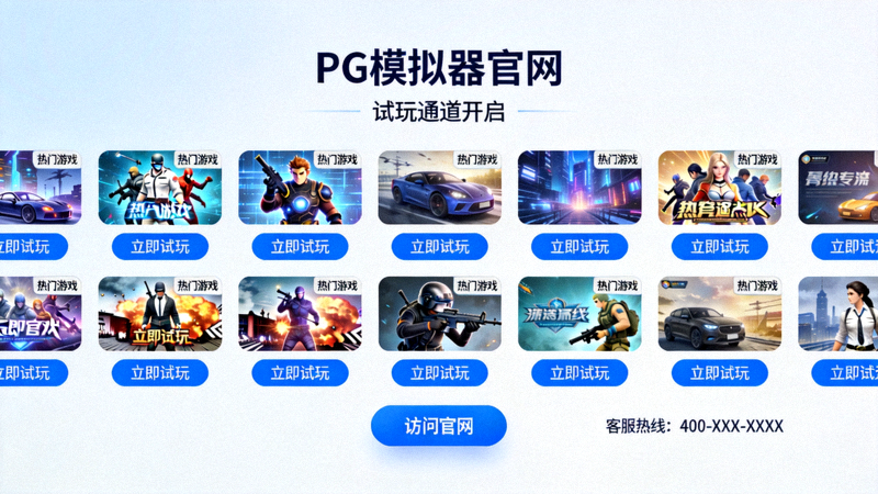 PG模拟器官网试玩通道开启页面截图，显示多款游戏入口和访问按钮