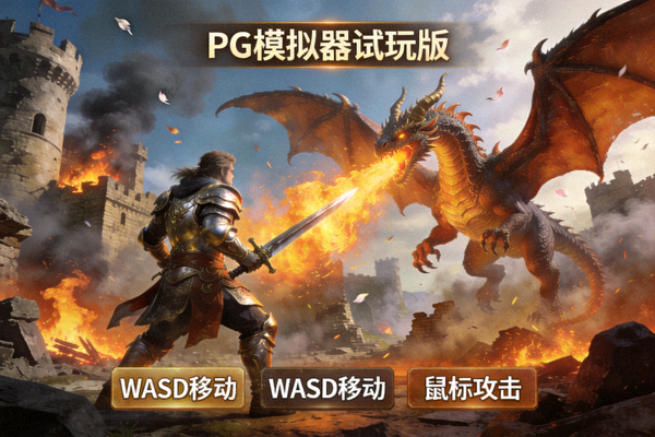 PG模拟器试玩画面：奇幻角色扮演游戏中英雄与巨龙对峙的史诗场景