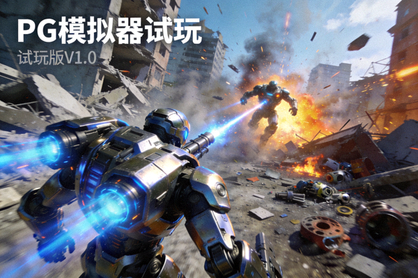 PG模拟器试玩画面：机甲战士在废墟战场上进行激烈对战