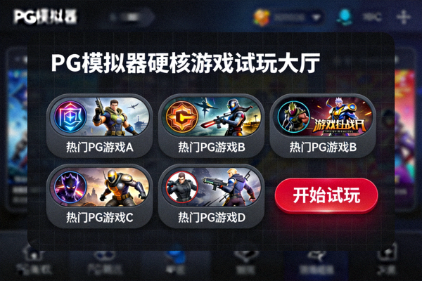 PG模拟器硬核游戏试玩大厅界面展示，展示多款热门PG游戏入口