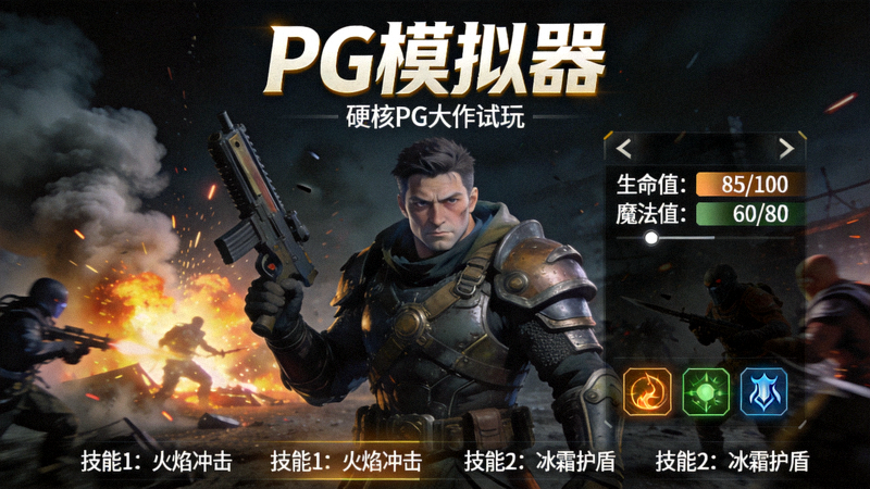 PG模拟器硬核PG大作试玩界面截图，展示游戏角色与战斗场景