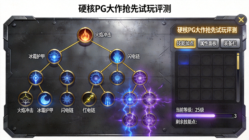 硬核PG大作抢先试玩评测画面，显示复杂的技能树和UI界面