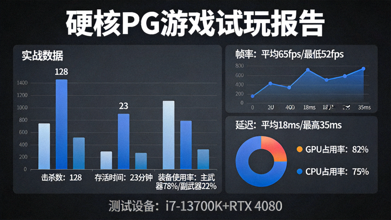 硬核PG游戏试玩报告图表，展示实战数据分析和性能指标
