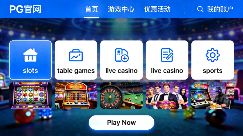 展示PG官网平台界面，包含清晰的游戏分类和试玩入口